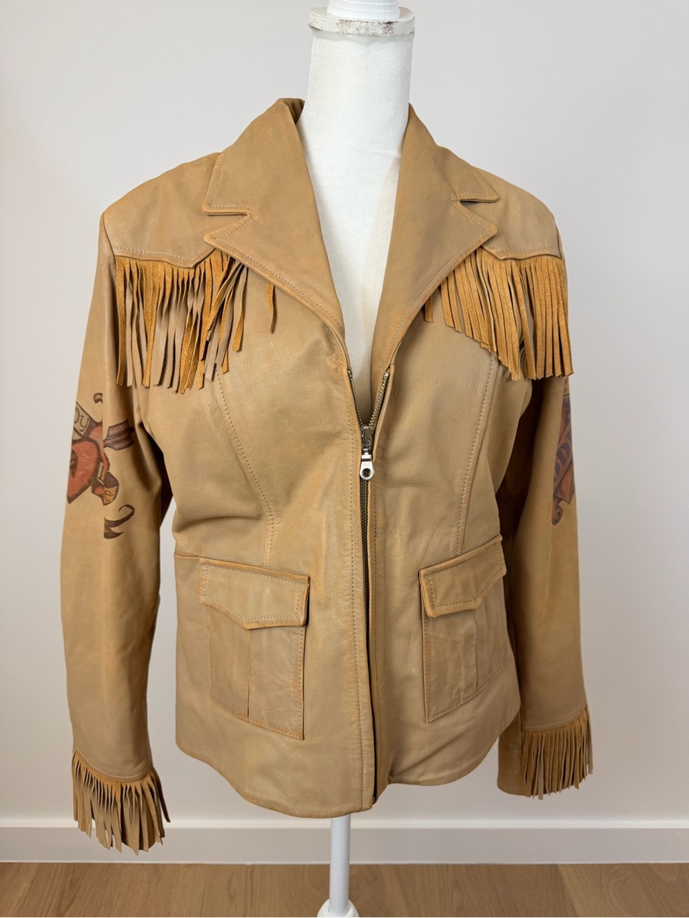 Scully Leather Fringe Jacket with Tattoo Style Artwork